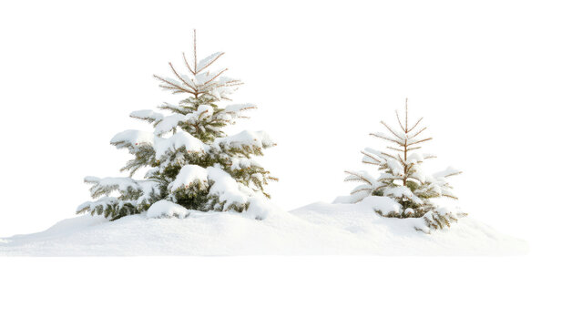 Snowy Mountain Range, Snow-covered trees on a snowy ground on transparent background.