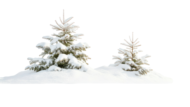 Snowy Mountain Range, Snow-covered trees on a snowy ground on transparent background.