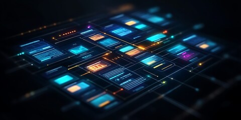 Futuristic digital interface with glowing data streams.