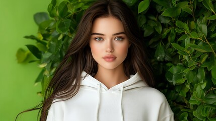 Female model wearing a blank white hoodie, realistic product mockup, photo-realistic with soft natural light, clean backdrop, modern casual style, customizable design space, high-definition 