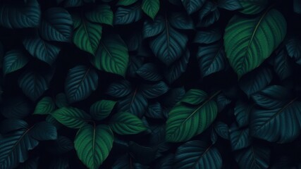Fototapeta premium Dark pattern featuring exotic leaves in various shades of green and black, creating a striking and mysterious aesthetic, texture, dark