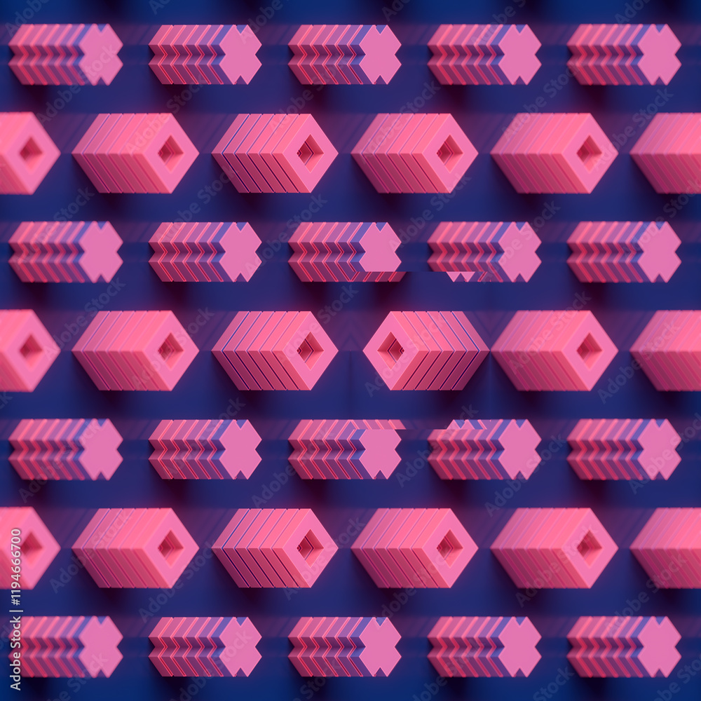 Aufkleber Grid of vertical modules created by alternating geometric shapes with a pink and purple gradient. 3d rendering