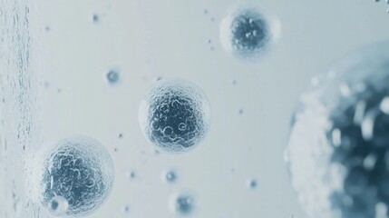 Floating water molecules create a sense of depth and transparency in a technologically inspired setting with blue and white hues