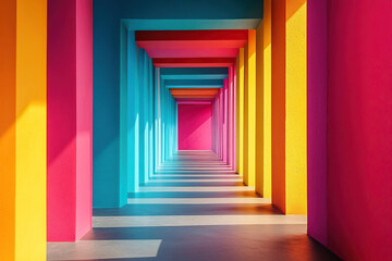 Bright corridor of multi-colored arches. Colored interior model. Generated by artificial intelligence