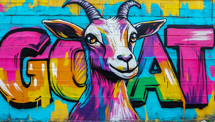 Naklejka premium Goat head, in a colorful, urban street art style, 