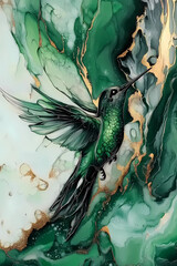 a bird on a marble background. fluid art. abstraction.