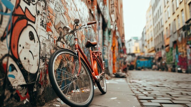 Urban Street Scene with Orange Bicycle Leaning Against Graffiti Wall