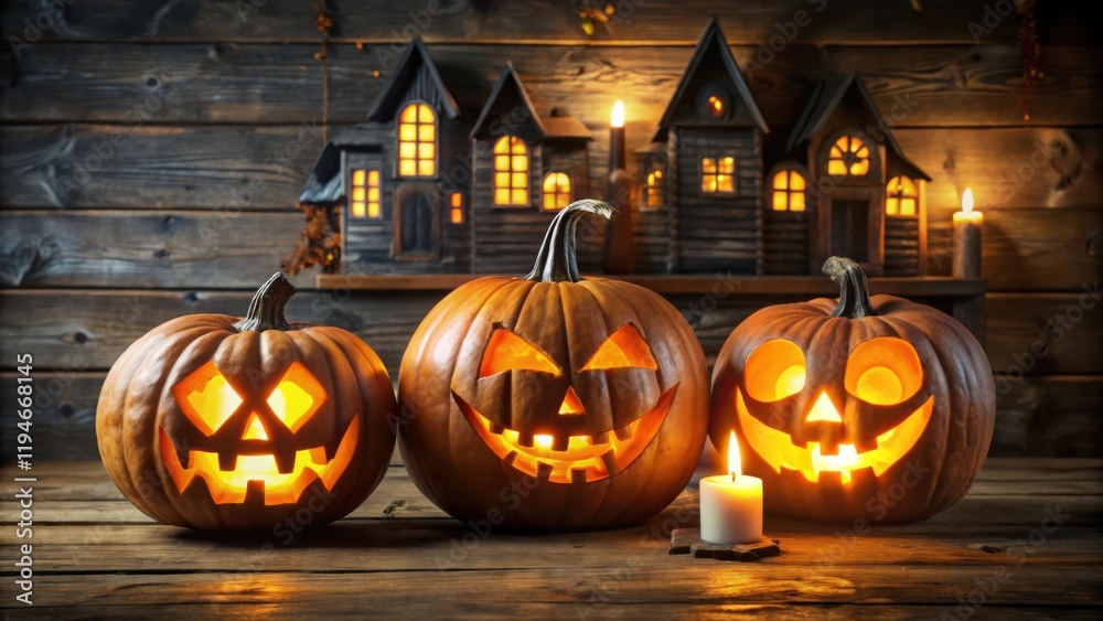 Poster illuminated jack-o'-lanterns and a miniature haunted house create a spooky autumn scene