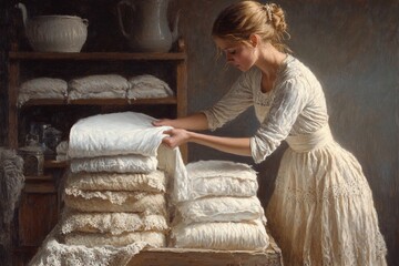 Young woman folding clean white linens in a rustic setting.