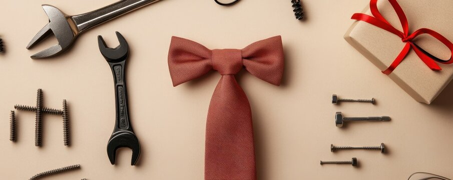 Special Father's Day surprises highlight top view of necessary tools, adjustable wrench, screws, nuts, screwdriver, elegant necktie, giftbox with ribbon bow, and glasses on neutral beige background