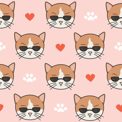 Cute lovely hand drawn seamless vector pattern illustration with cartoon character cats with sunglasses, paw prints and red hearts on pink background	