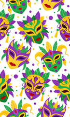 Vector texture on the Mardi Gras holiday. Seamless festive pattern with masks, confetti, ribbon on white background. Flat hand drawn holiday backdrop. Fat Tuesday textile
