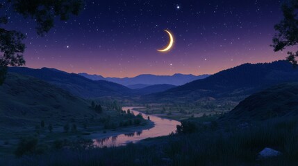Naklejka premium Serene Nighttime Valley River Crescent Moon Stars