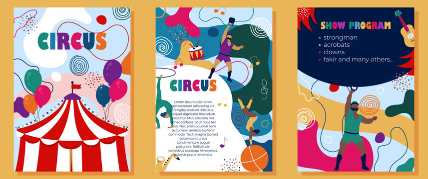 A colorful circus program with artists, activities and brochure design for a fun event.