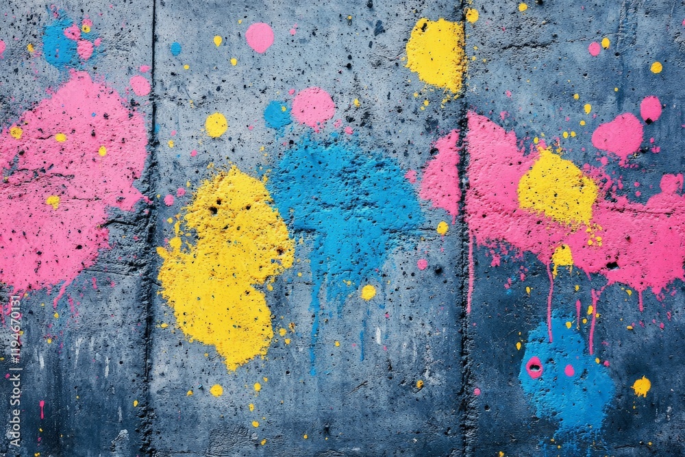 Poster bright splashes of blue, yellow, and pink create a lively composition on a gray textured background,
