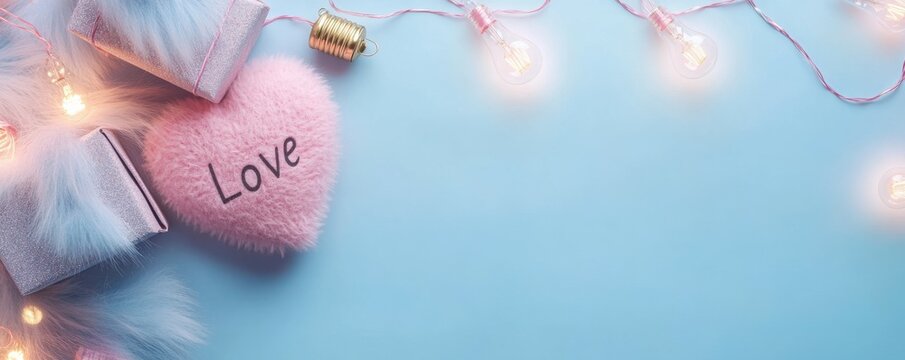 Fototapeta Valentine's Day concept. Top view photo of gift boxes light bulb garland soft heart shaped toy inscriptions love and fluffy pompons on isolated pastel blue background with empty space
