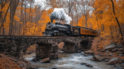 Majestic Steam Locomotive Chugging Over a Stone Bridge Surrounded by Vibrant Autumn Foliage in a Serene Forest Landscape with Stream Below