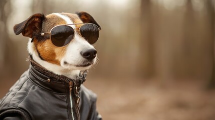 Cool dog in sunglasses and leather jacket.