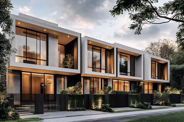 Fototapeta premium A row of modern townhouses features striking black frames and floor-to-ceiling windows, creating a sleek contemporary aesthetic. The warm interior lighting contrasts beautifully with the dark exterior