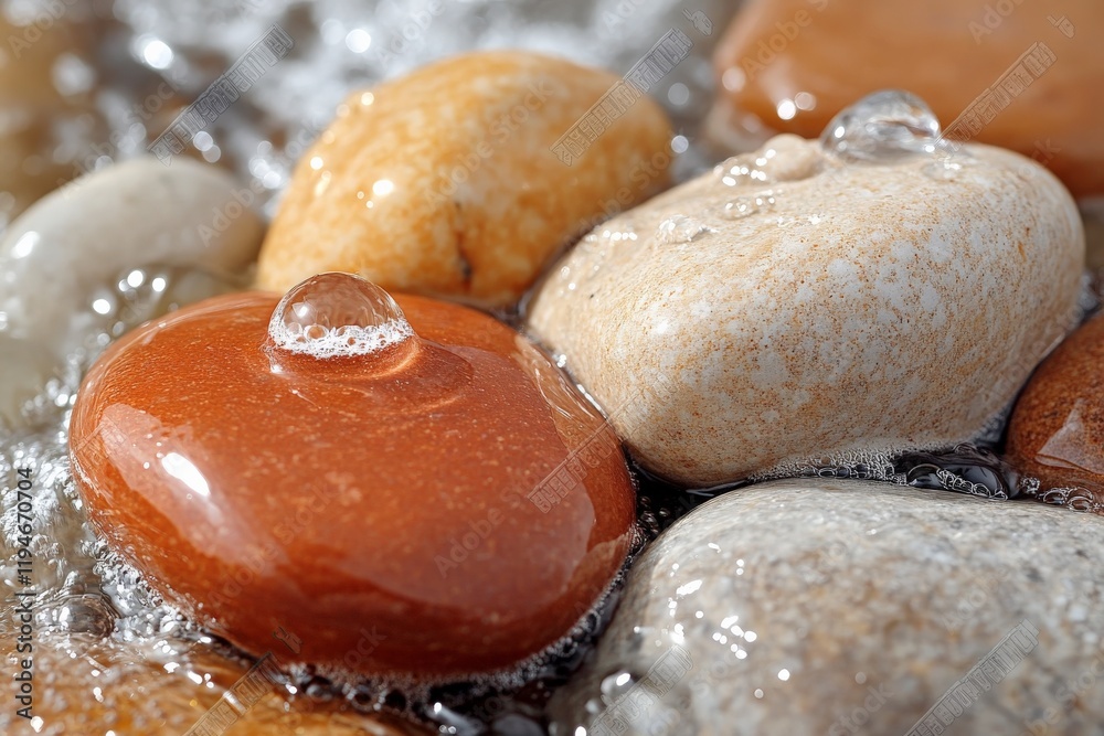 Poster a macro shot of smooth, colorful pebbles with shimmering water droplets on their surface, highlighti