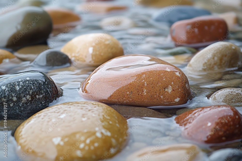 Aufkleber a detailed view of various smooth, wet stones enveloped by gentle flowing water, highlighting the in