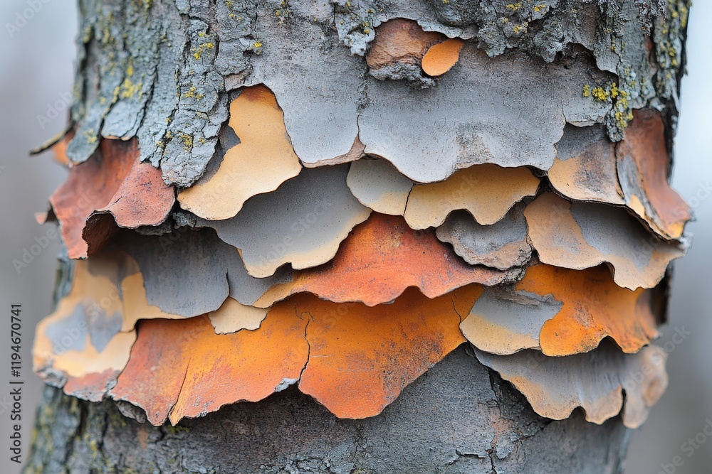 Poster A macro image of tree bark exhibiting a unique peeling pattern with shades of orange, gray, and brown, highlighting natural textures and decay processes.