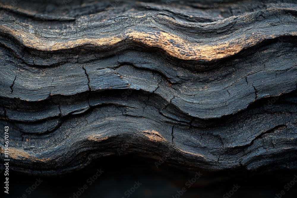 Aufkleber a detailed view of charred, scorched wood showcasing intricate wavy lines and textured patterns, ref