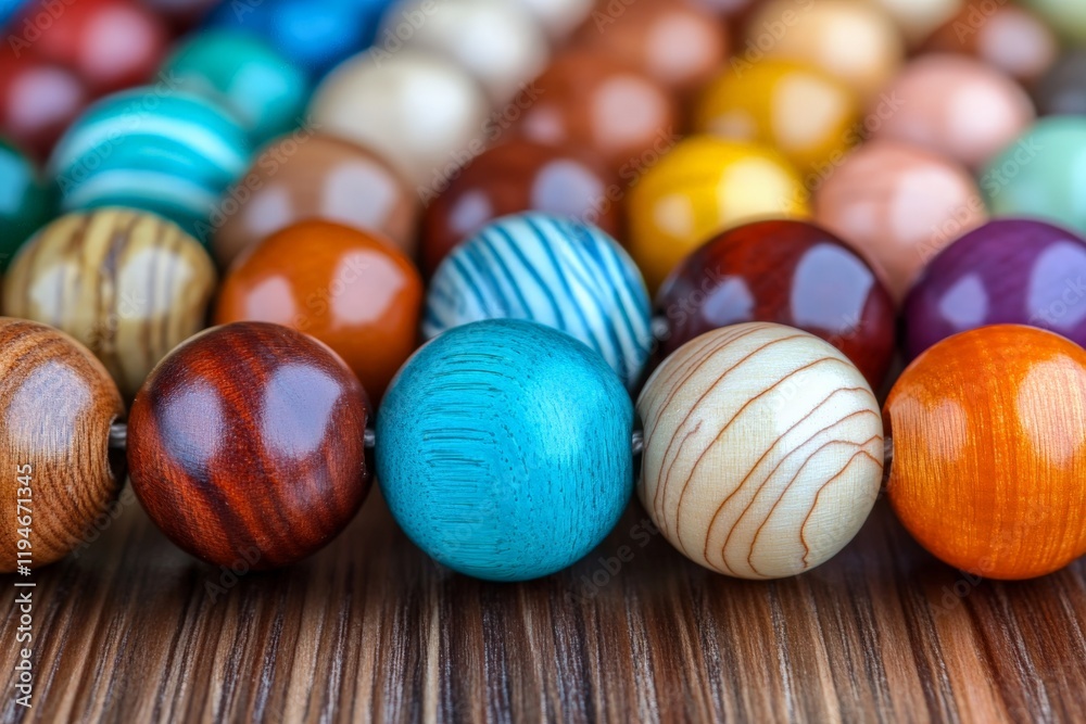 Poster This image features a close-up view of colorful wooden beads arranged in a vibrant and visually striking pattern, showcasing their varied hues and artistic style.