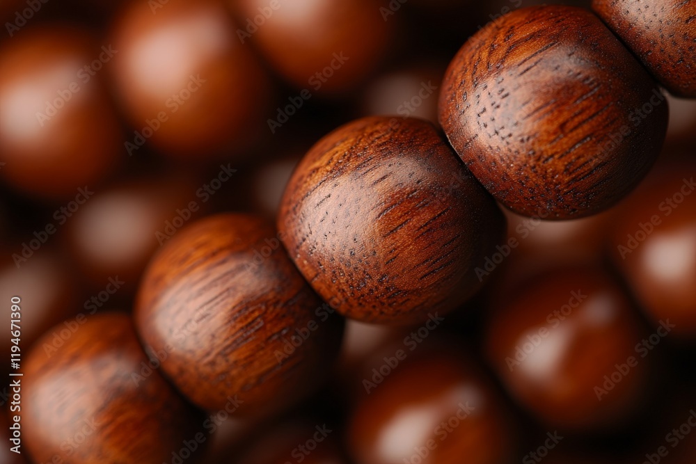 Poster rich mahogany-toned wooden beads are closely shown, emphasizing the luxurious color and smooth finis