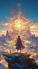 Woman on clifftop, watching sunrise, mystical light beam.