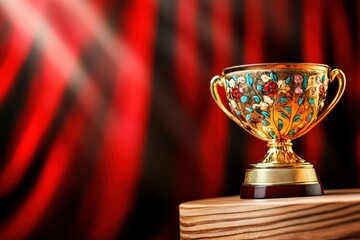 Golden Trophy with Floral Design on Wooden Base Against Red Background Celebrating Women's Day March 8 Concept