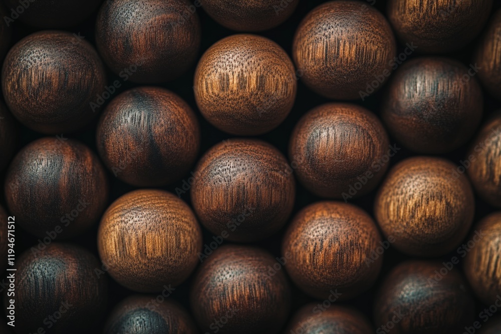 Aufkleber a collection of dark wooden beads with rich textures is featured, highlighting the polished surface 