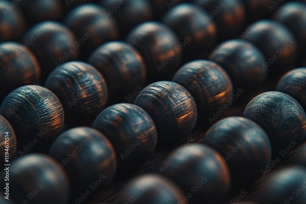 Poster an array of dark wooden beads is displayed under soft lighting, revealing their subtle texture and p
