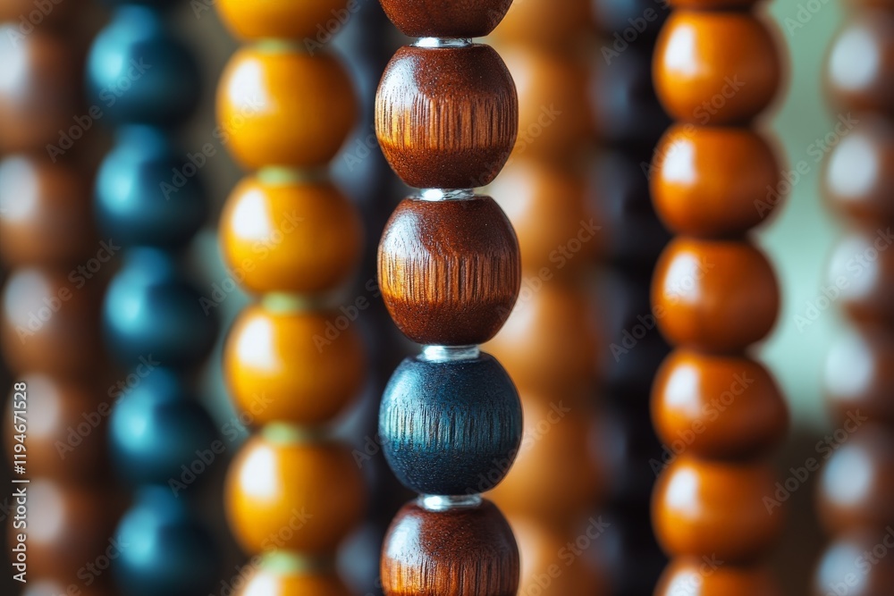 Aufkleber A close-up view showcases colorful wooden beads, highlighting intricate patterns and vibrant colors, creating a visually appealing presentation of craftsmanship.