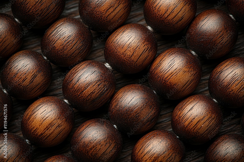 Poster an artistic display of wooden beads showcases their texture and rich natural patterns, creating a se