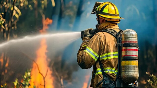 a firefighter holding a lance and splashing water onto wildfire flame
