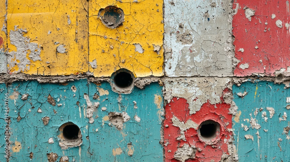 Poster a weathered wall showcases an array of vibrant colors, marred by cracks and holes. the peeling surfa