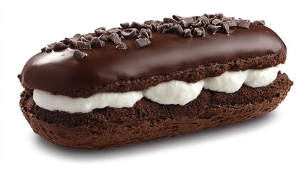 Chocolate eclair pastry with cream filling and chocolate chips.