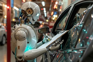 Humanoid robot in profile writing on clipboard while inspecting car post-accident.