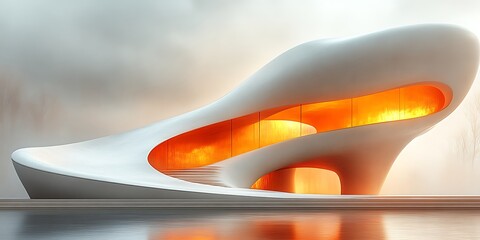 Futuristic white building with orange interior.