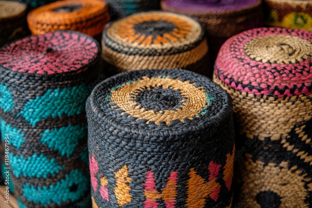 Aufkleber a collection of colorful woven baskets exhibiting a variety of patterns and textures, highlighting t