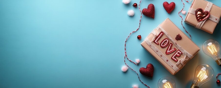 Fototapeta St Valentine's Day concept. Top view photo of gift boxes light bulb garland inscriptions love and fluffy pompons on isolated pastel blue background with empty space