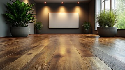 Fototapeta premium Empty room with hardwood floor, plants, and blank canvas.
