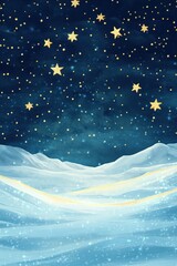 Fototapeta premium Starry winter night over snowy landscape with gentle hills and twinkling lights in the sky