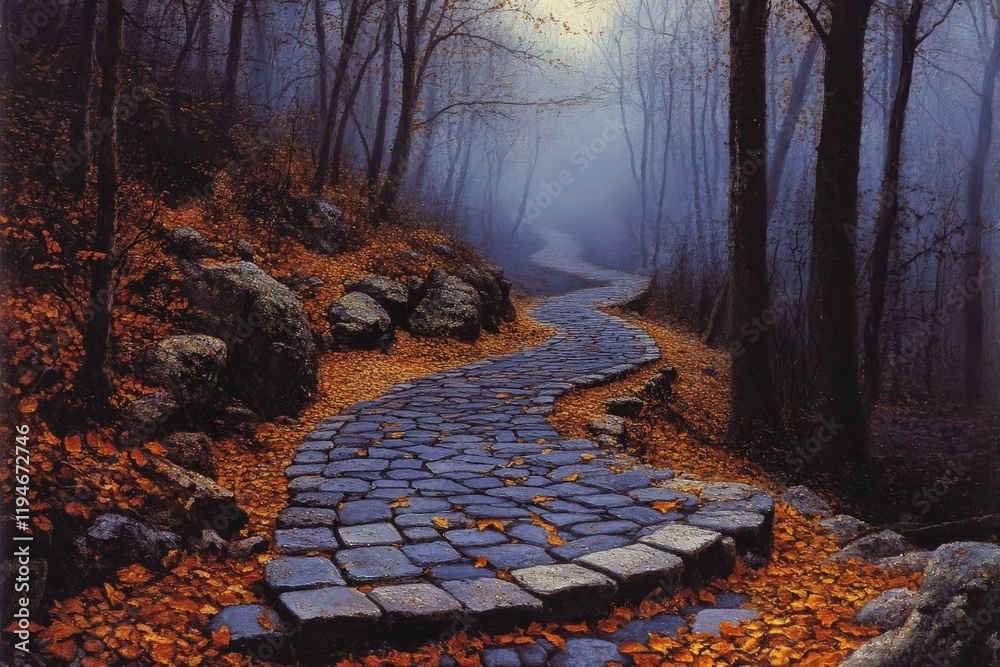 Poster a winding cobblestone path weaves through an autumn forest, with orange leaves scattered about, crea
