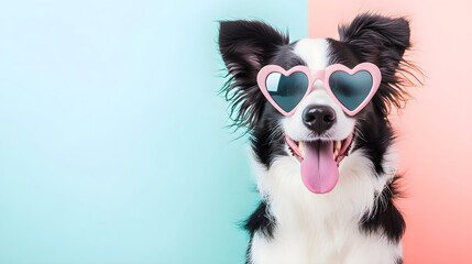 Fototapeta premium Black and white cute dog on pastel background. Border Collie puppy in pink heart shaped Valentine's day sunglasses. Greeting card banner for Women's and Mother's day, birthday, wedding with copy space