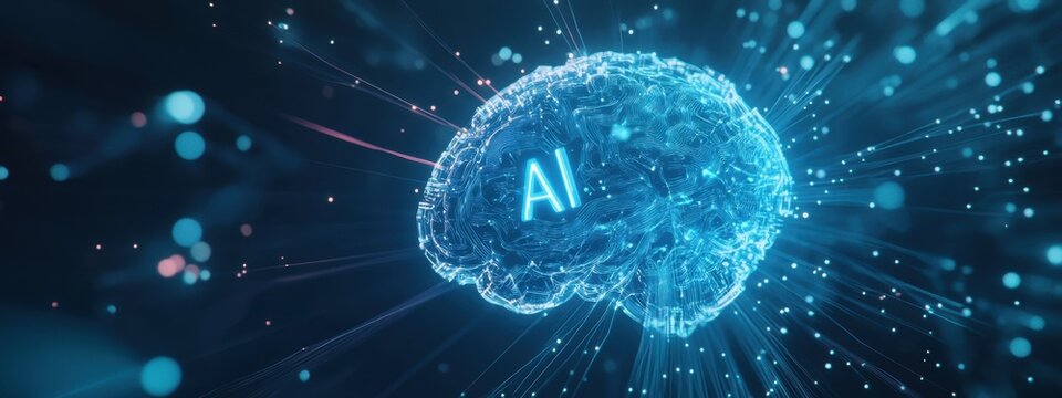 Futuristic digital brain showcasing AI technology and surrounded by glowing data streams in an innovative atmosphere