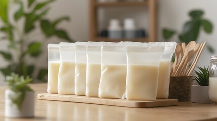 Breast milk storage bags: Arranged neatly with a natural and health-focused setting.