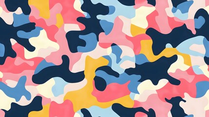 65. A colorful camo pattern with shades of pink, blue, and yellow in abstract shapes