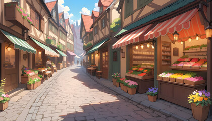 Naklejka premium A quaint cobblestone street lined with flower markets and small cafes. 